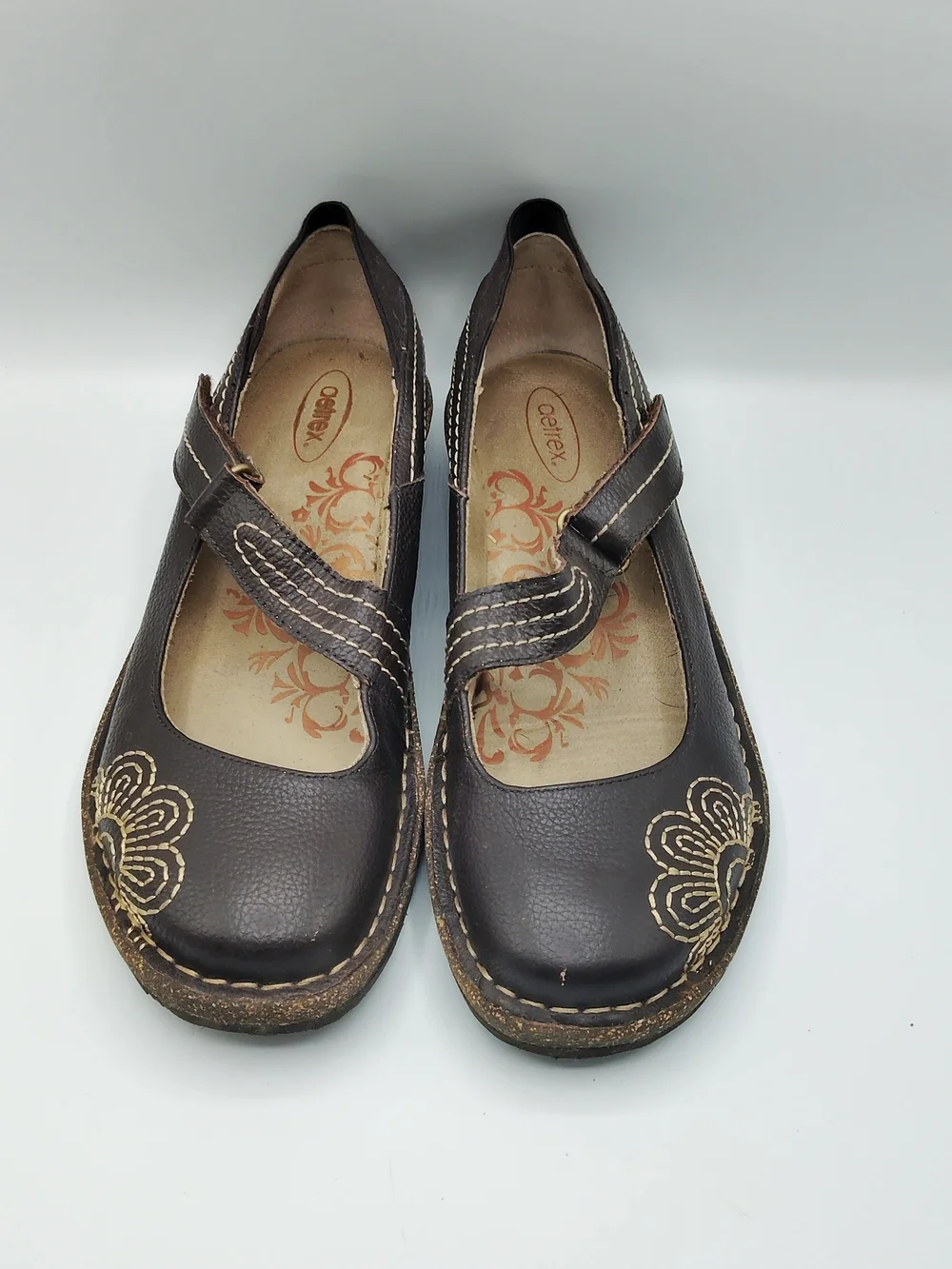 Aetrex Brown Leather Mary Jane Wedge Flats with Floral Stitching